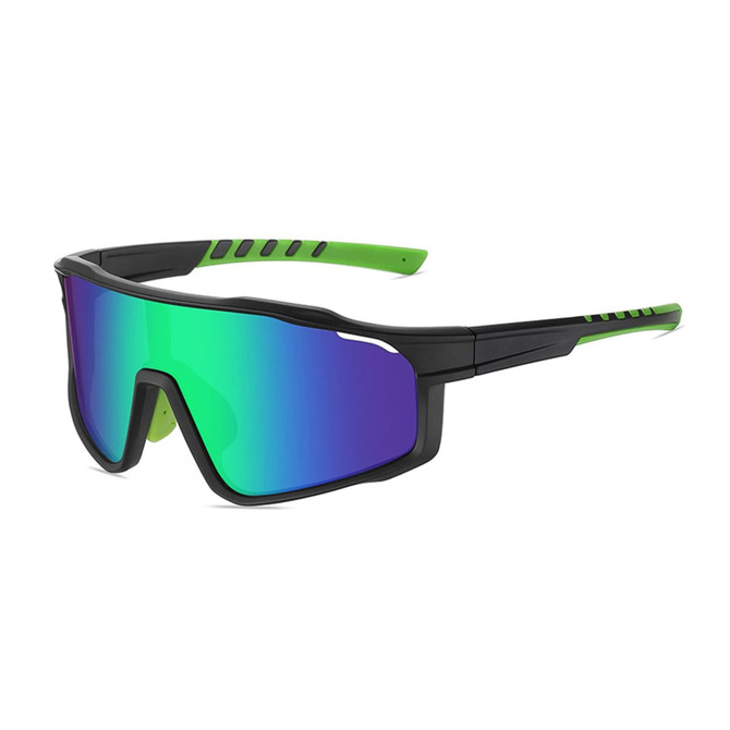 Classic sport glasses with a black frame and green accents, featuring reflective blue and green lenses.
