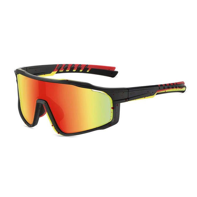 Sport glasses with a black frame, red and yellow accents, and mirrored orange lenses. Features a logo on the frame.