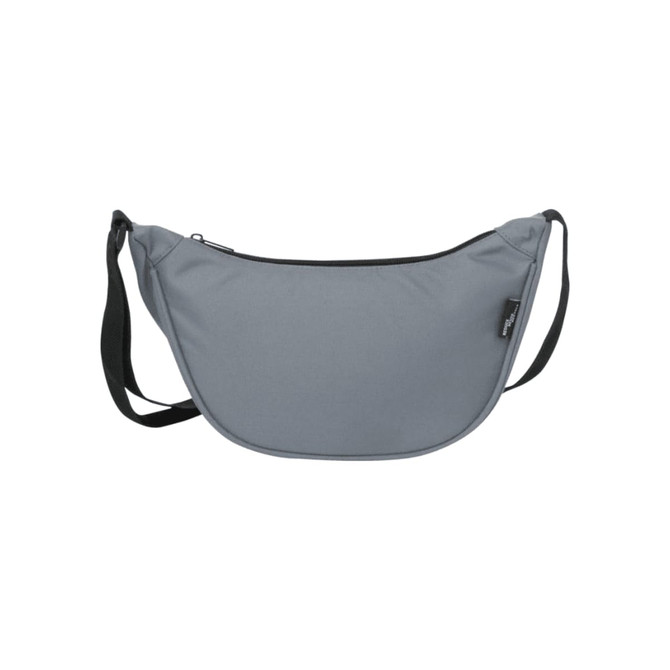 A grey waist bag with a black zipper and strap, featuring a logo on the side. It has a rounded design for storage.