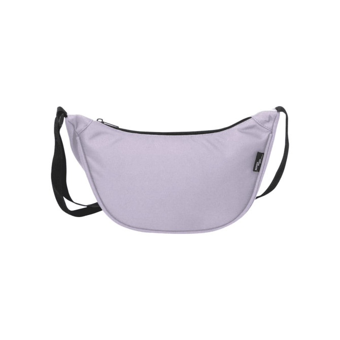 A purple recycled waist bag with a black zipper and adjustable strap, featuring a logo on the side.