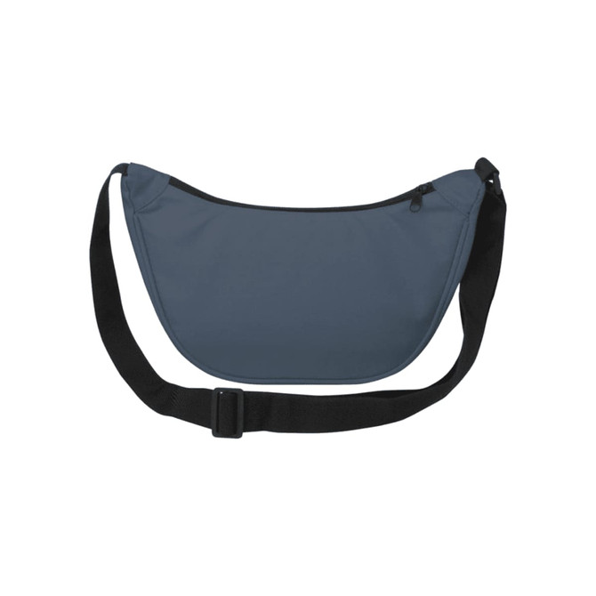 A grey waist bag with a black strap and a zippered closure, featuring a logo.