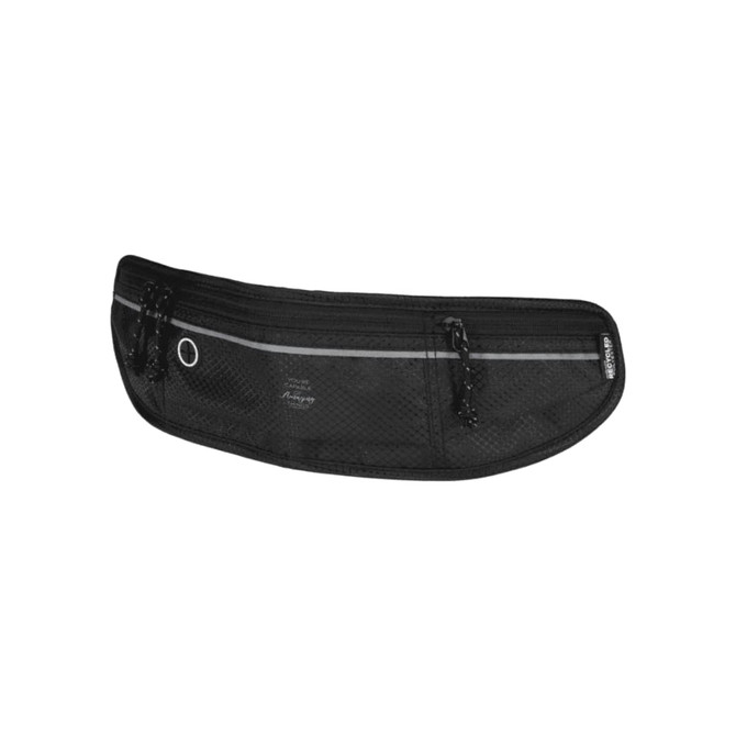 A black recycled running waist pack with mesh detailing and reflective striping, featuring adjustable ties and a logo.