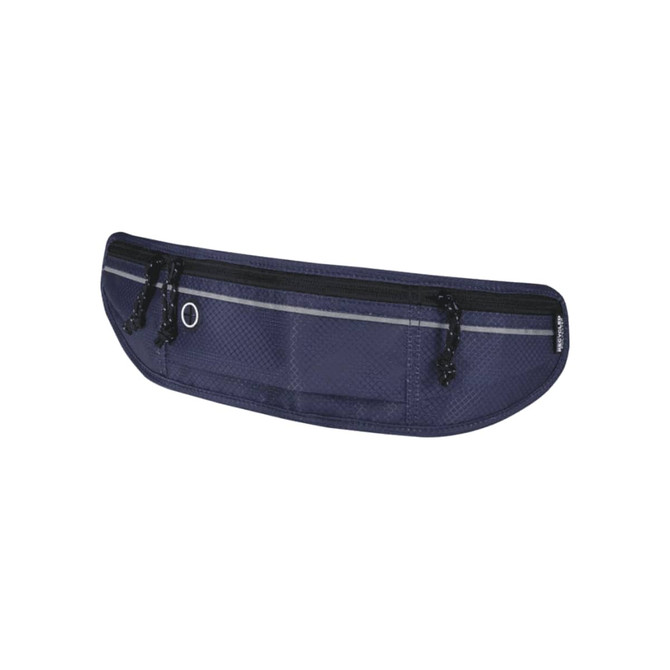 A navy blue running waist pack featuring two zippered compartments and a reflective strip, with a logo on it.