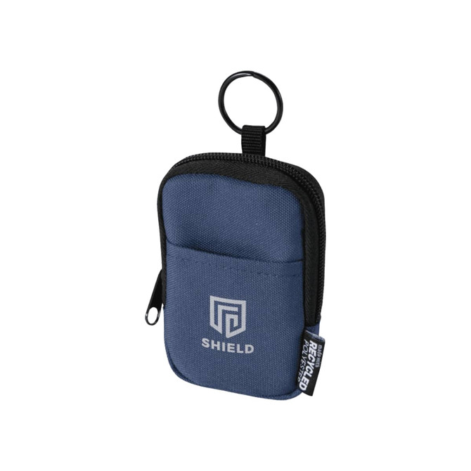 A small pouch in navy blue with a zip closure and a keyring attachment, featuring a logo.