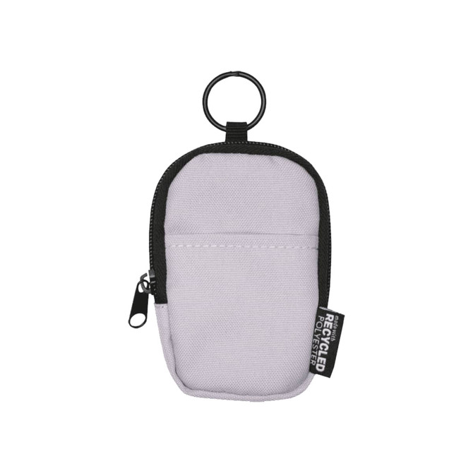 A small pouch in light grey with a black zipper and ring, made from recycled polyester.