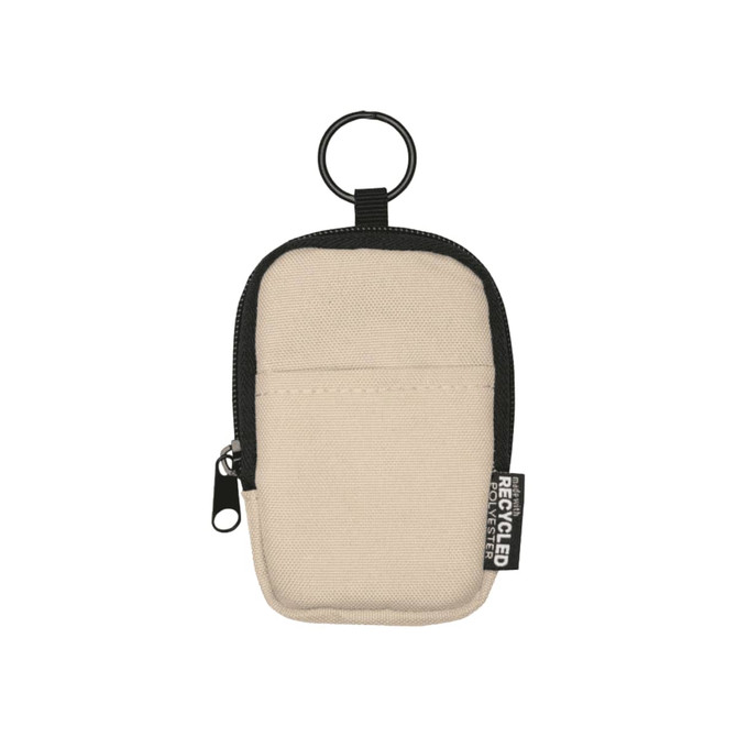 A small pouch made from recycled materials, featuring a beige body, black accents, and a keyring attachment.