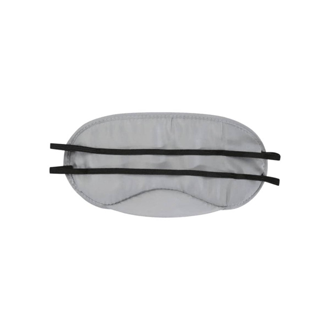 A grey eye mask with black elastic straps and a logo, designed for travel comfort.