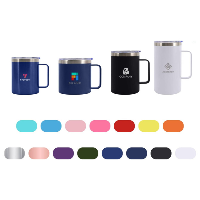 A stainless steel cup with handle available in various colours, featuring different logos on select designs.