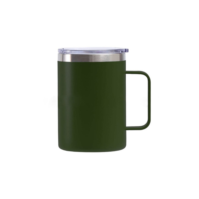 A stainless steel cup with a handle in dark green, featuring a clear lid and a sleek design.