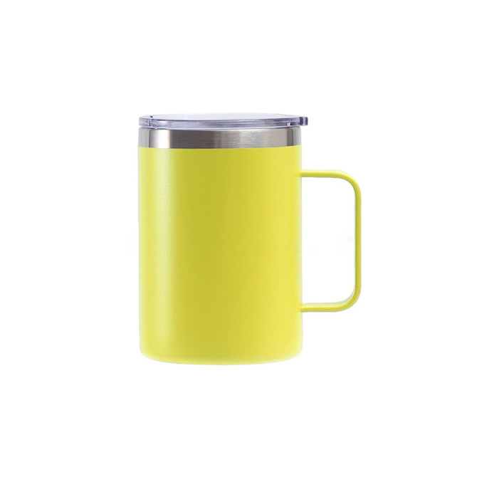 A stainless steel cup with a handle in bright yellow, featuring a clear lid.