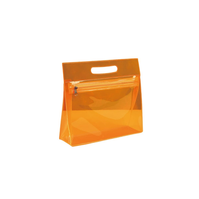 An orange transparent cosmetic pouch with a top handle and a zippered compartment. Features a minimalist design.