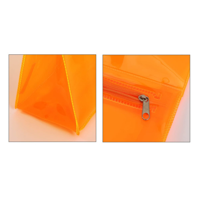 An orange transparent cosmetic pouch with a zip closure and a triangular design.