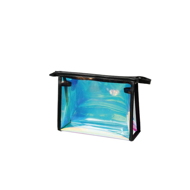 A transparent, iridescent travel cosmetic bag with a black trim and a structured design.