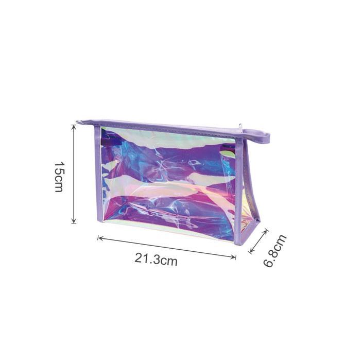 A purple travel cosmetic bag with a transparent, iridescent design, featuring dimensions of 21.3cm x 15cm x 6.8cm.