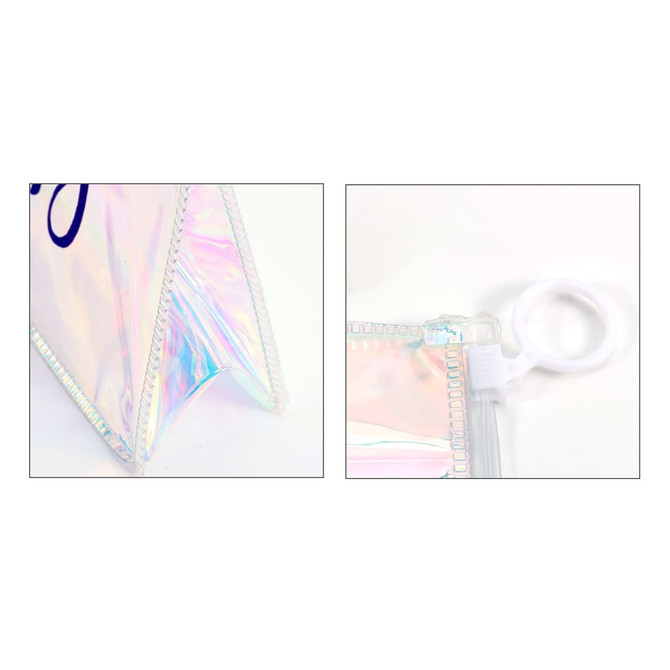 A holographic cosmetic bag with an iridescent finish, featuring a white zipper and loop.