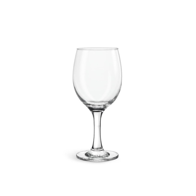 A clear glass wine glass with a tall stem and wide bowl, suitable for casual use. Features a branding logo.
