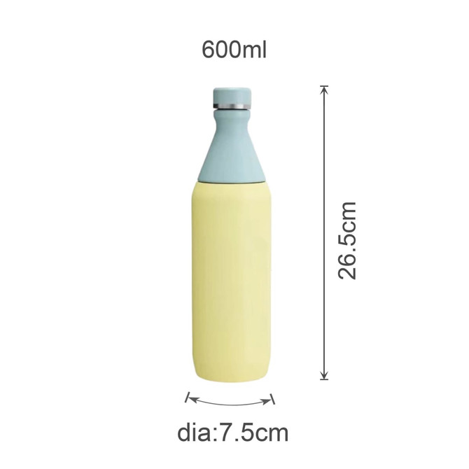 A drink bottle with a slim yellow body and a light blue cap, featuring a logo and measurements.