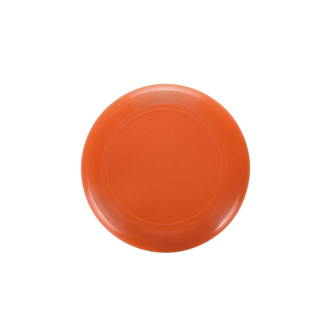 An orange frisbee with a smooth surface and concentric circle patterns around the edge, featuring a logo.