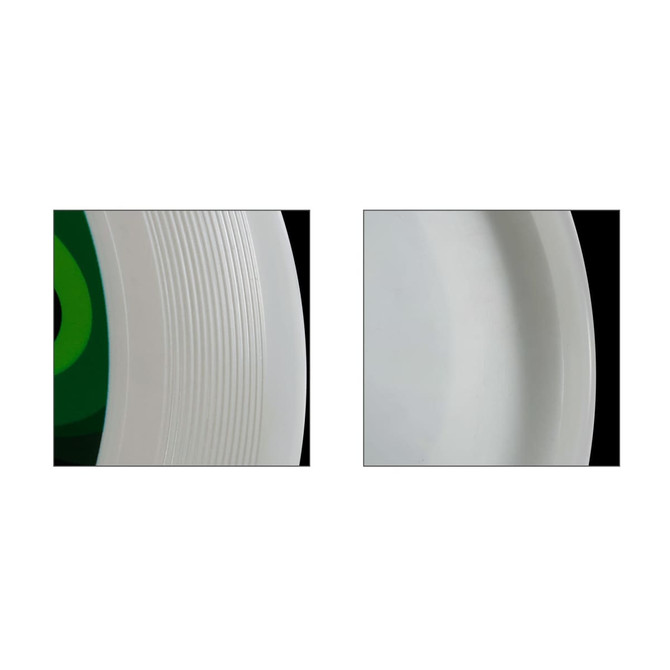 A white PE Frisbee with a green centre, featuring ridges on the outer edge.