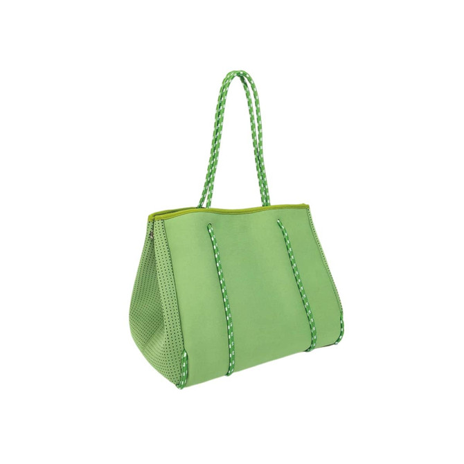 A large, green neoprene beach tote bag with braided handles and perforated detailing. It features a logo.