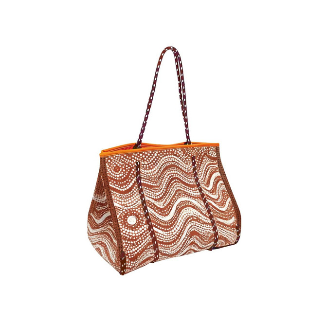A Large neoprene beach tote bag in brown and orange with a wave pattern and a logo.