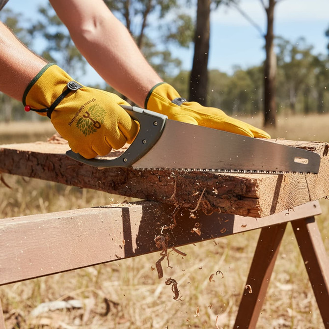A pair of yellow cowhide gardening gloves gripping a silver saw, cutting through wooden timber outdoors.