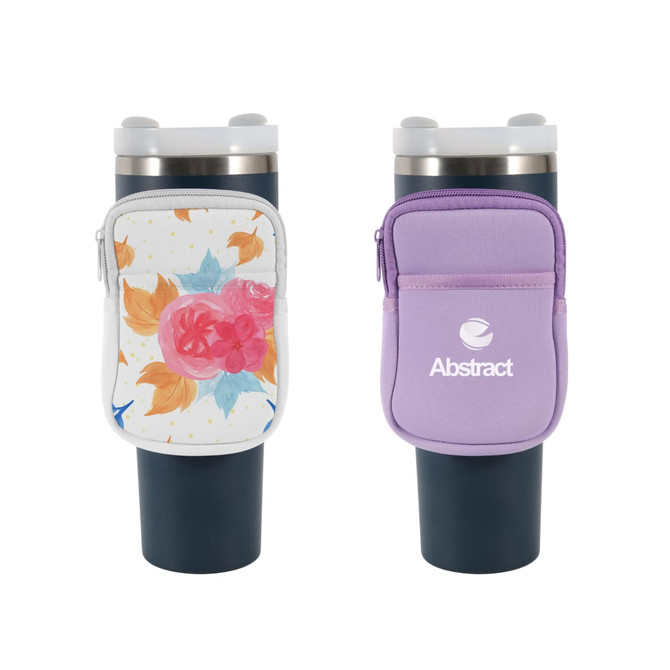A drink bottle pouch for Stanley in floral and purple designs, featuring zippers and branding on one side.