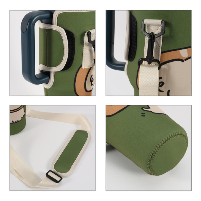 A drink bottle carrier bag in green with a strap and a clip, featuring a playful design and a handle.