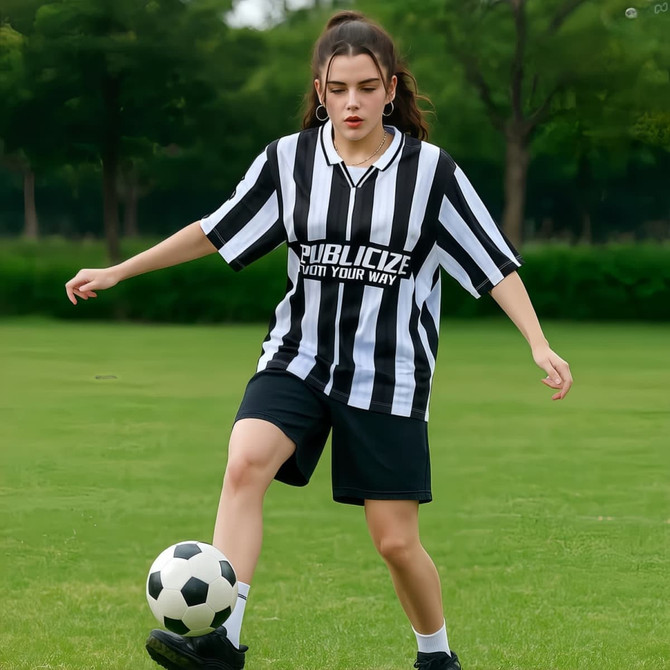 A black and white striped retro polo jersey with loose fit, worn by a person on a grassy field, kicking a soccer ball.