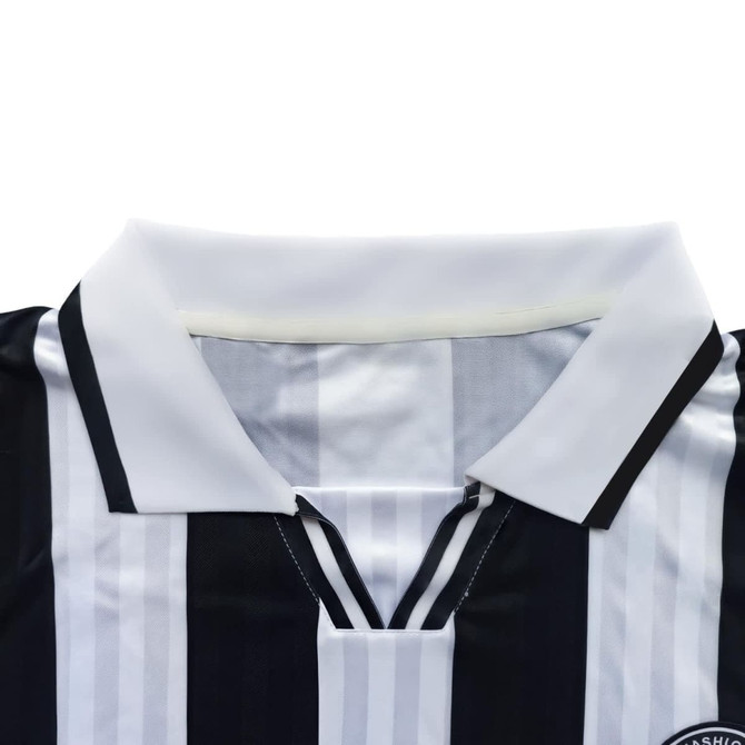 Black and white striped unisex polo jersey with a collar and a branding logo on the chest.