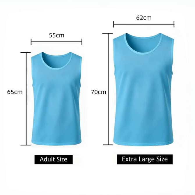A blue polyester mesh training bib, available in adult and extra-large sizes, with dimensions indicated.