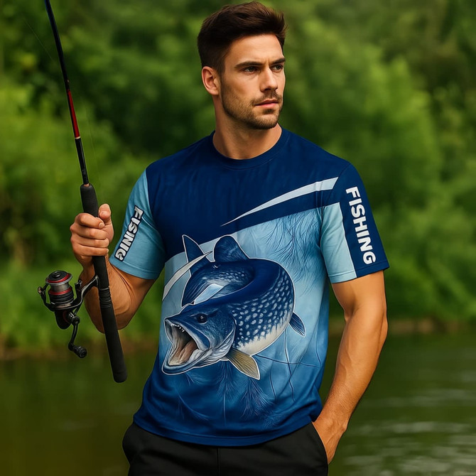 A men's short-sleeve fishing T-shirt in blue featuring a fish graphic and having a logo on the sleeve.
