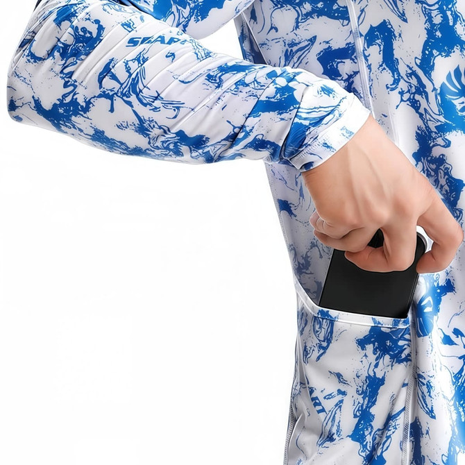 A men's hoodie in blue and white with long sleeves, featuring a pocket for storing small items.