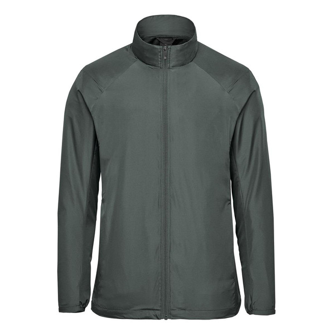 A men's full zip jacket in dark grey with a sleek design and a high collar, featuring a logo.