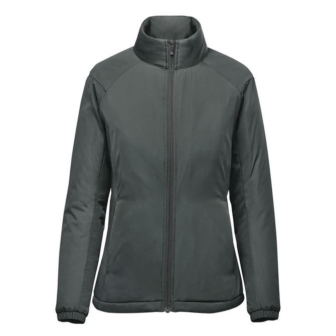 A women's thermal jacket in dark grey with a high collar and zippered front. Features a simple design and a logo.