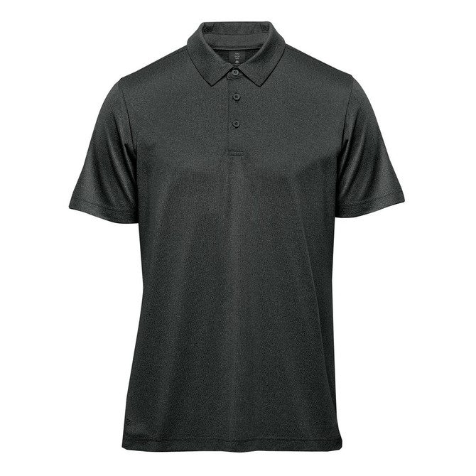 A dark grey short-sleeved polo shirt with a collar and three buttons, featuring a logo.