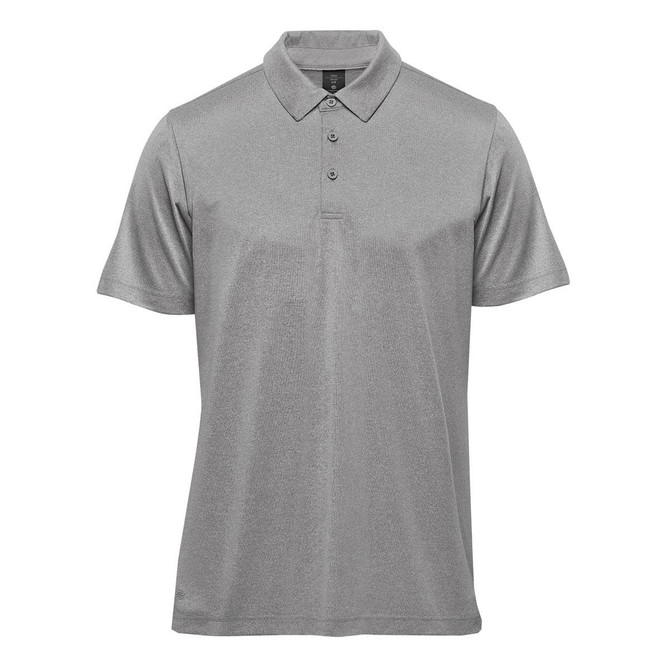A grey men's polo shirt with a three-button placket and short sleeves, featuring a logo on the label.