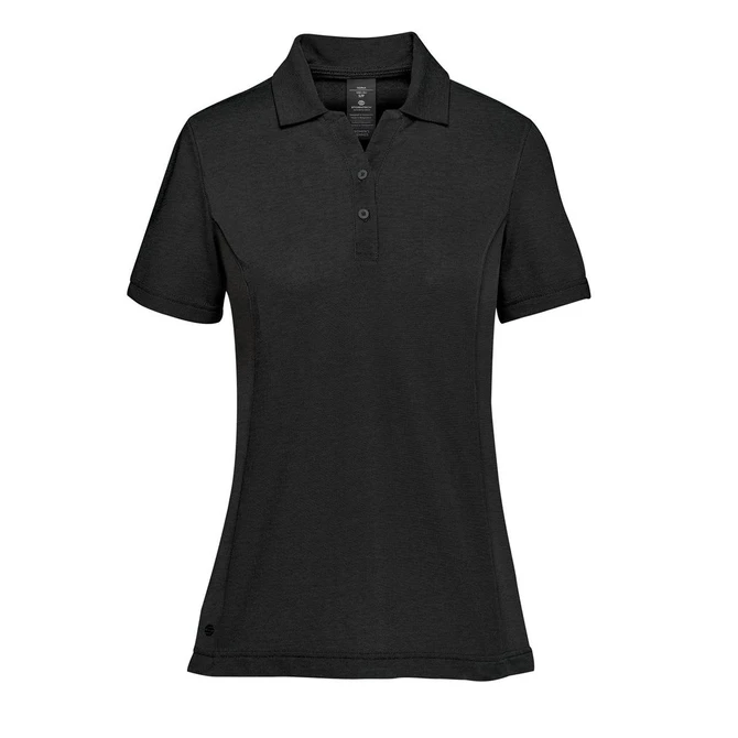 A black women's polo shirt featuring a collar and buttons, with a logo on the side.