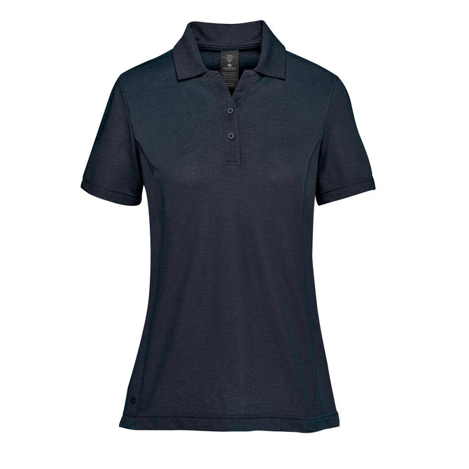 A dark navy women's polo shirt with a collared neck and short sleeves. It features buttons and a logo.