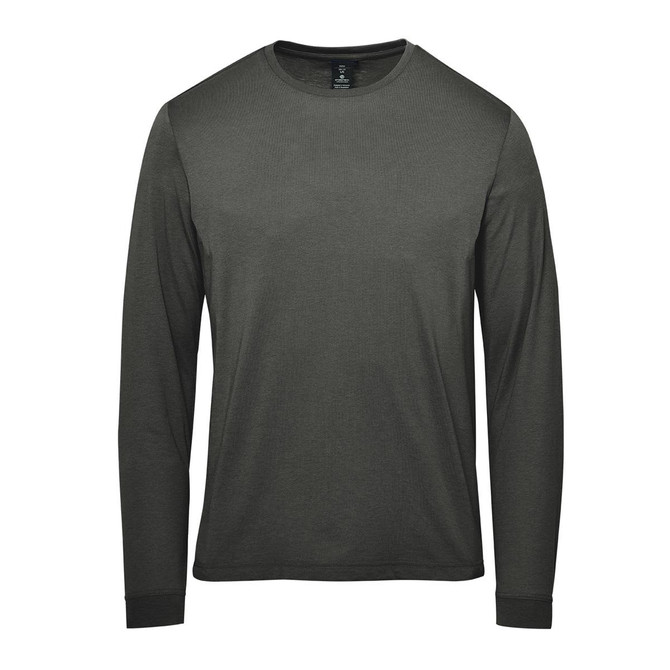 A long-sleeve t-shirt in a dark olive green colour with a simple design and a logo.