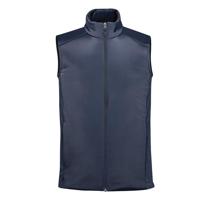 A navy thermal vest with a high collar and front zip, featuring a logo. Suitable for layering.