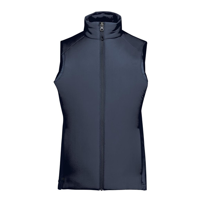 A women's thermal vest in navy blue with a high collar and full zip, featuring a logo.