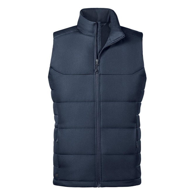 A navy thermal vest featuring a zip closure and a padded design, ideal for layering in cooler weather.