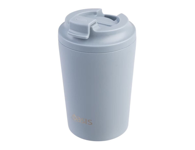 A light blue insulated coffee cup with a lid and a logo, designed for travel use.