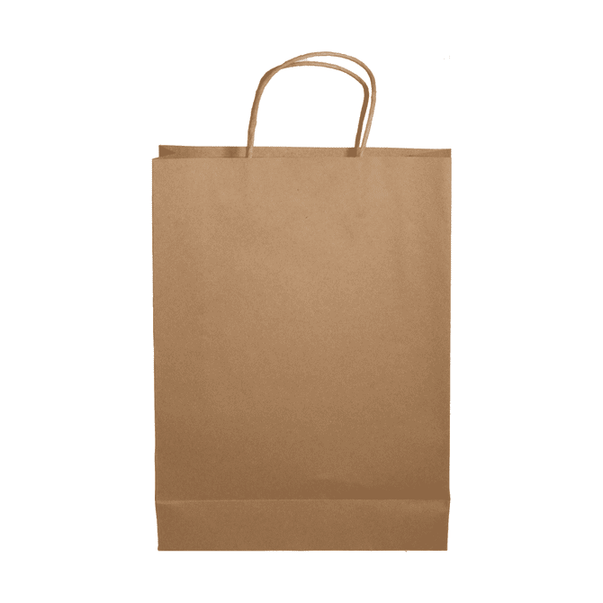A brown paper bag with twisted handles and a flat base, suitable for various uses.