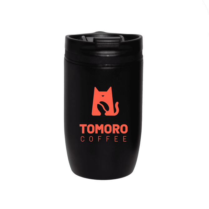 A drink bottle featuring a black vacuum cup with a cat logo in red. It has a secure lid for easy drinking.