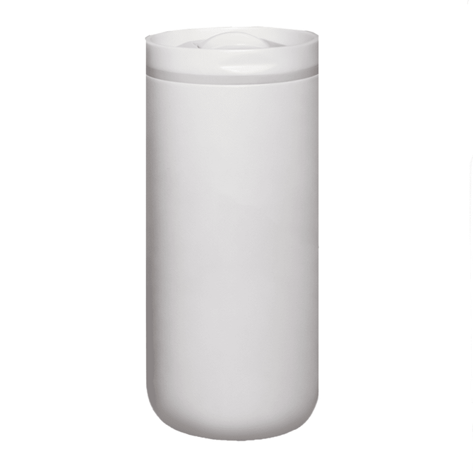 A drink bottle in white, featuring a sleek design with a lid and a logo.