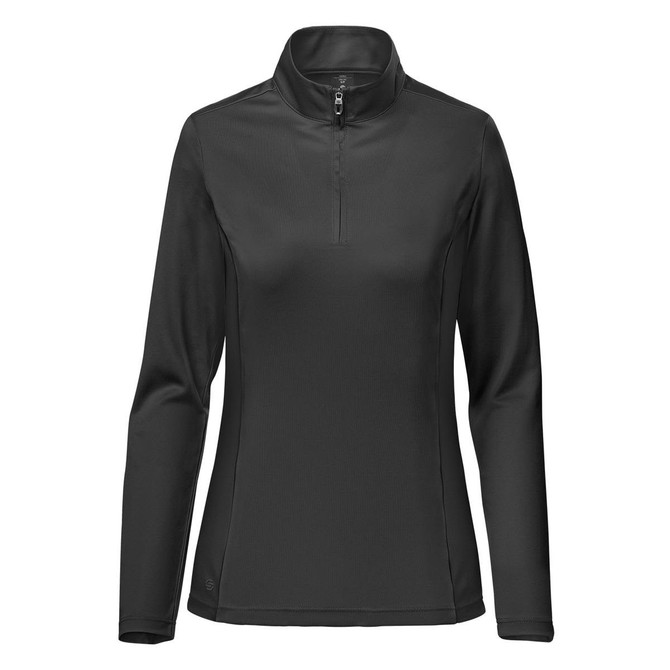 A black women's pullover with a 1/4 zip and long sleeves, featuring a sleek design and a logo.