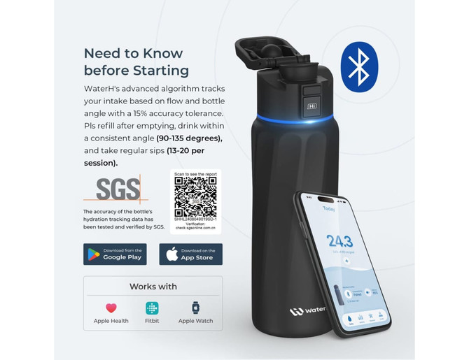 A drink bottle in black with a lid and a blue LED light, accompanied by a smartphone displaying hydration data.