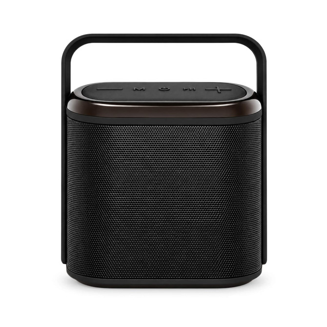 A compact black Bluetooth speaker with a handle and control buttons on top. It features a mesh grille design.